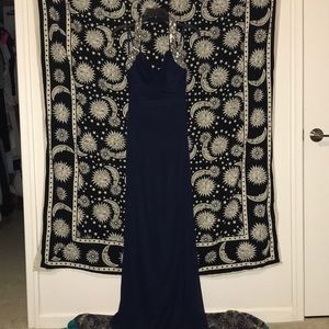 Navy blue halter neck prom dress